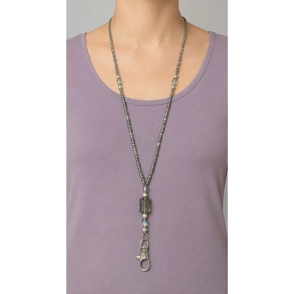 Silver Gray Beaded ID Badge Holder Lanyard 32 Inch Magnetic Clasp Clip